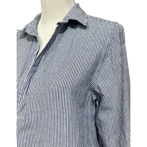 For Cynthia Linen Blend Cover Up Top Tunic Blue Striped Roll Tab Sleeves Size M - Picture 3 of 9